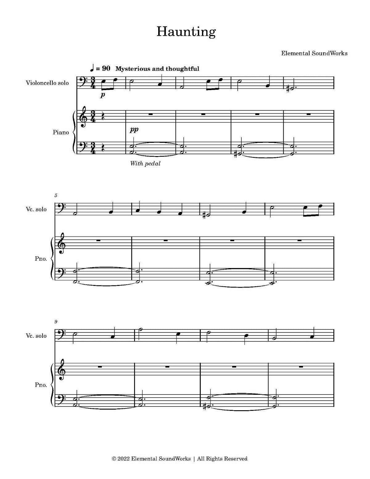 "Haunting" Sheet Music - Piano and Cello Duet