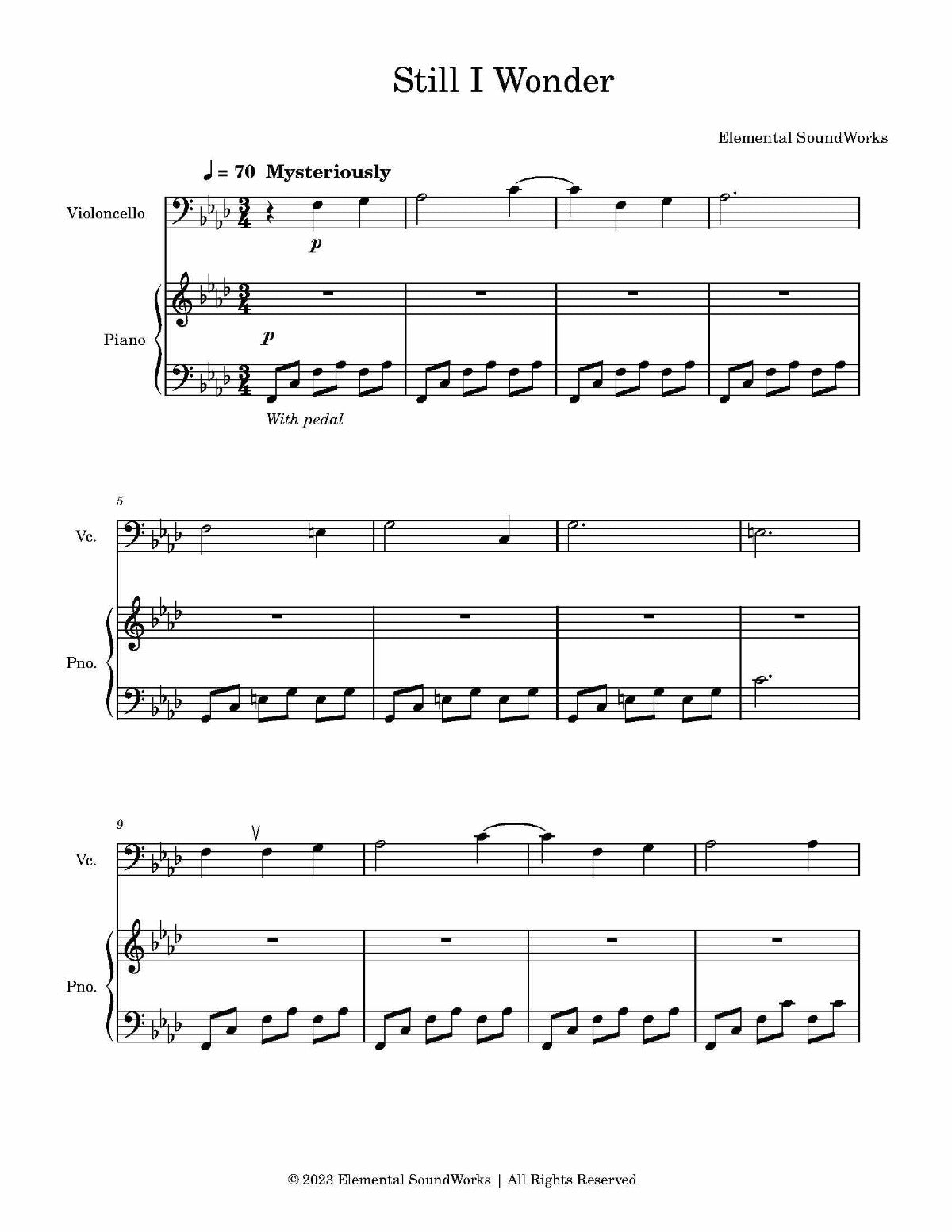 "Still I Wonder" Sheet Music - Piano and Cello Duet