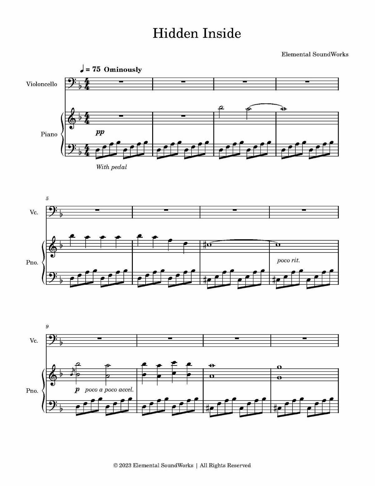 "Hidden Inside" Sheet Music - Piano and Cello Duet